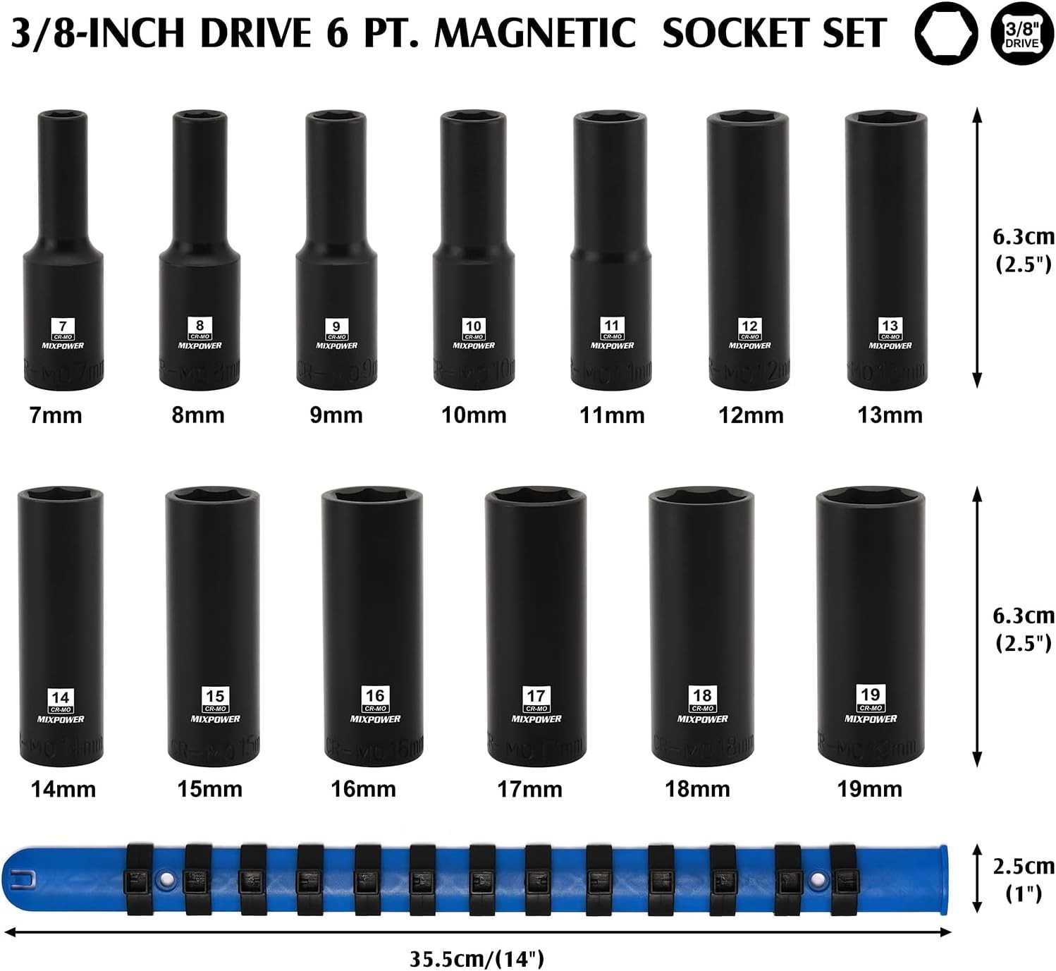 Magnetic 3/8″ Drive Impact Socket Set – 13PC, Chrome Molybdenum Steel, 6 Point