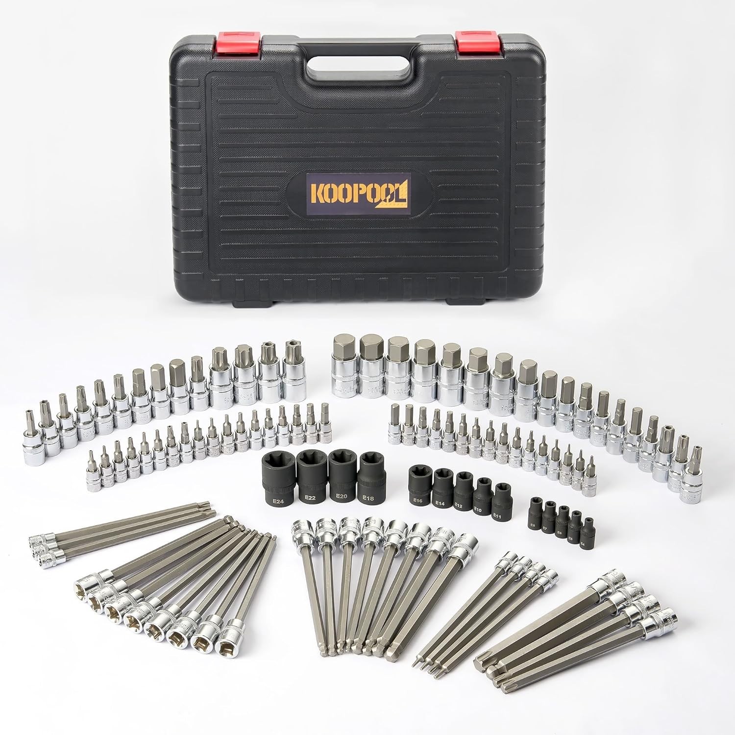 Master 107pc Torx Allen Bit Socket Set, S2 Steel, 1/4″ 3/8″ 1/2″ Drive, Durable