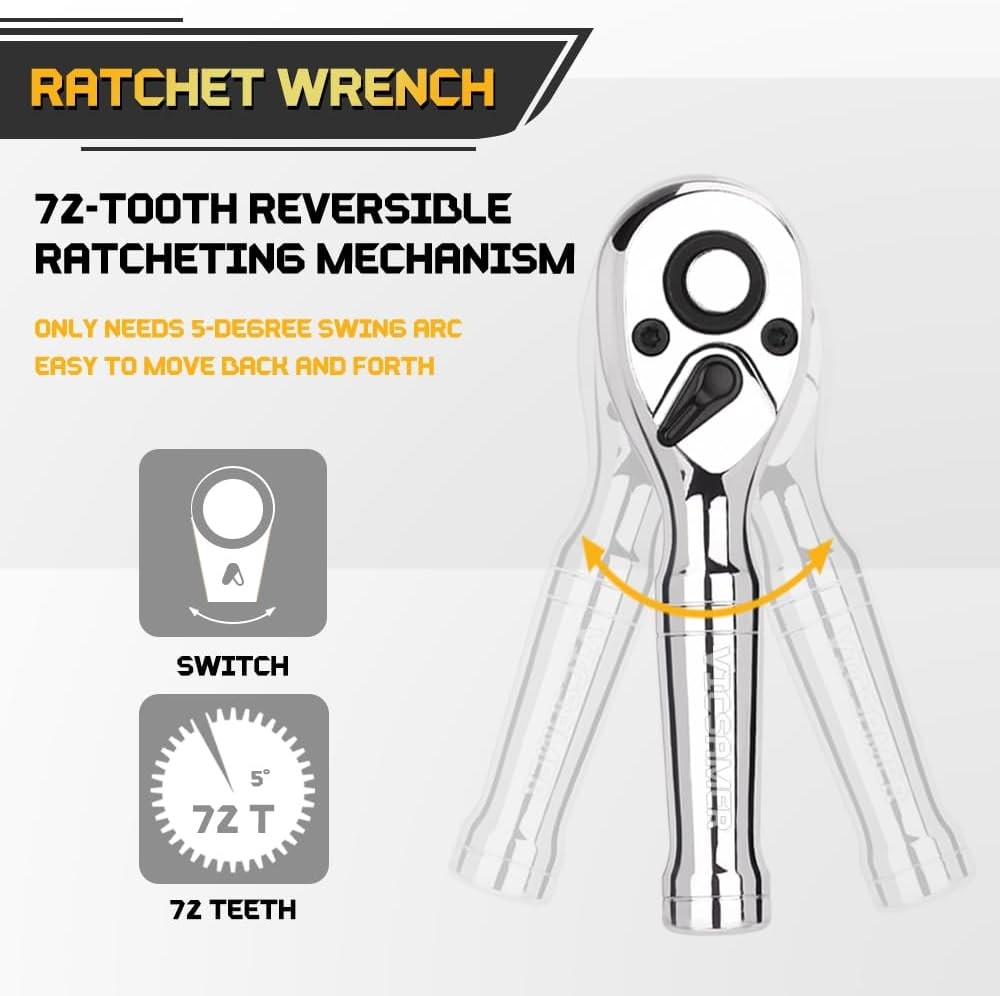 Stubby Ratchet Set- 3/8″ Drive Handle with a Extension Bars, Silver