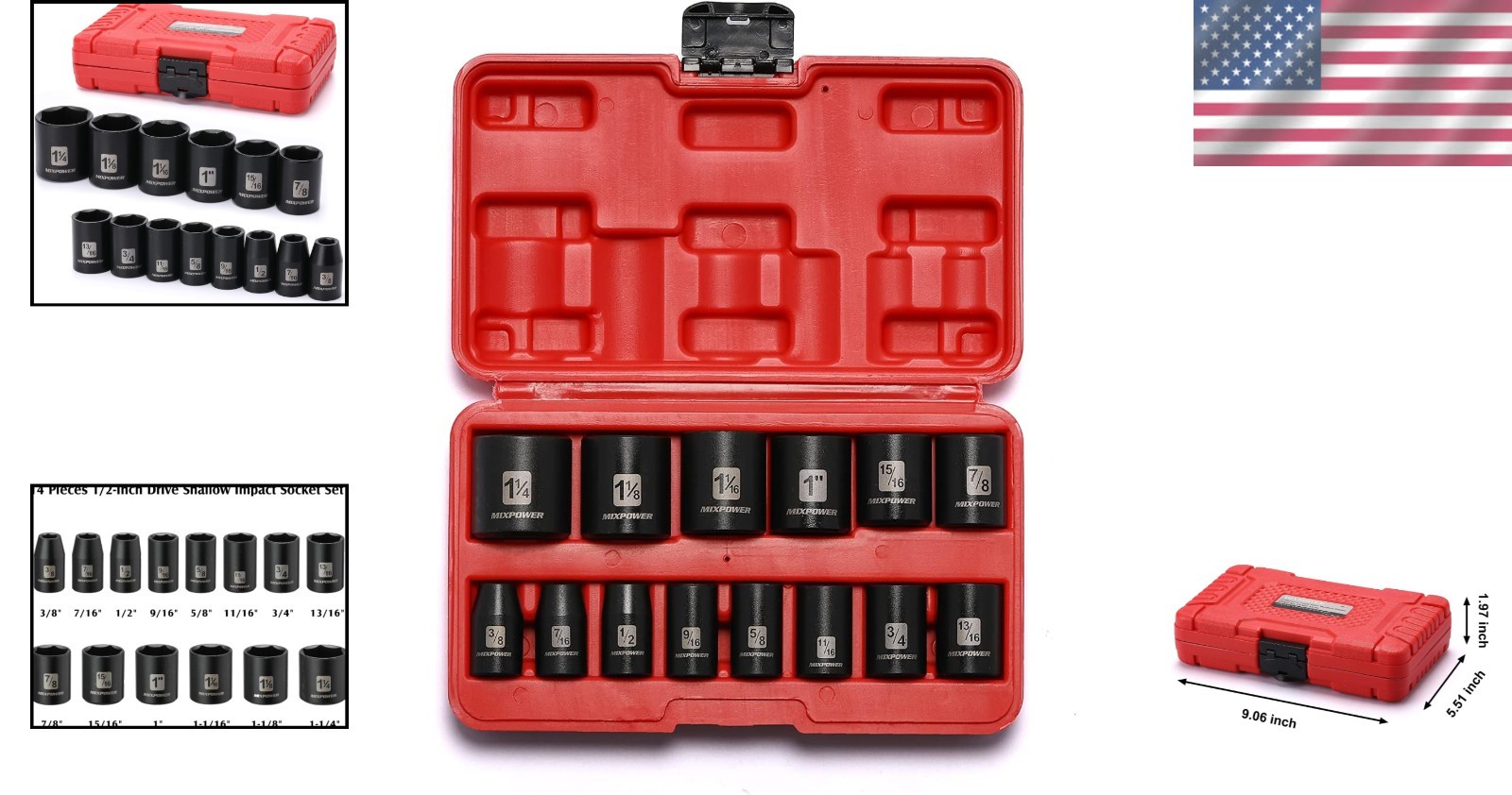 14 Pc Impact Socket Set Chrome Vanadium 3/8-1 1/4 Inch SAE Shallow Torque