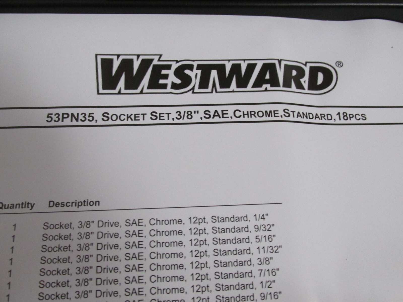Mechanic Technician Tools Socket Set SAE Chrome Standard 3/8″ Westward 53PN35