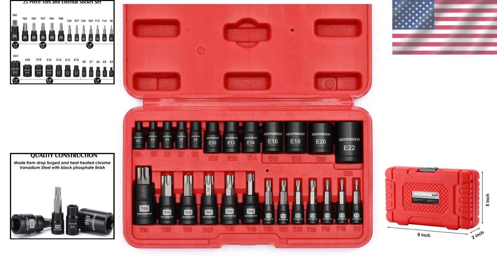 25-Piece Professional Torx Bit and E-Torx Socket Set for Durable Automotive Work