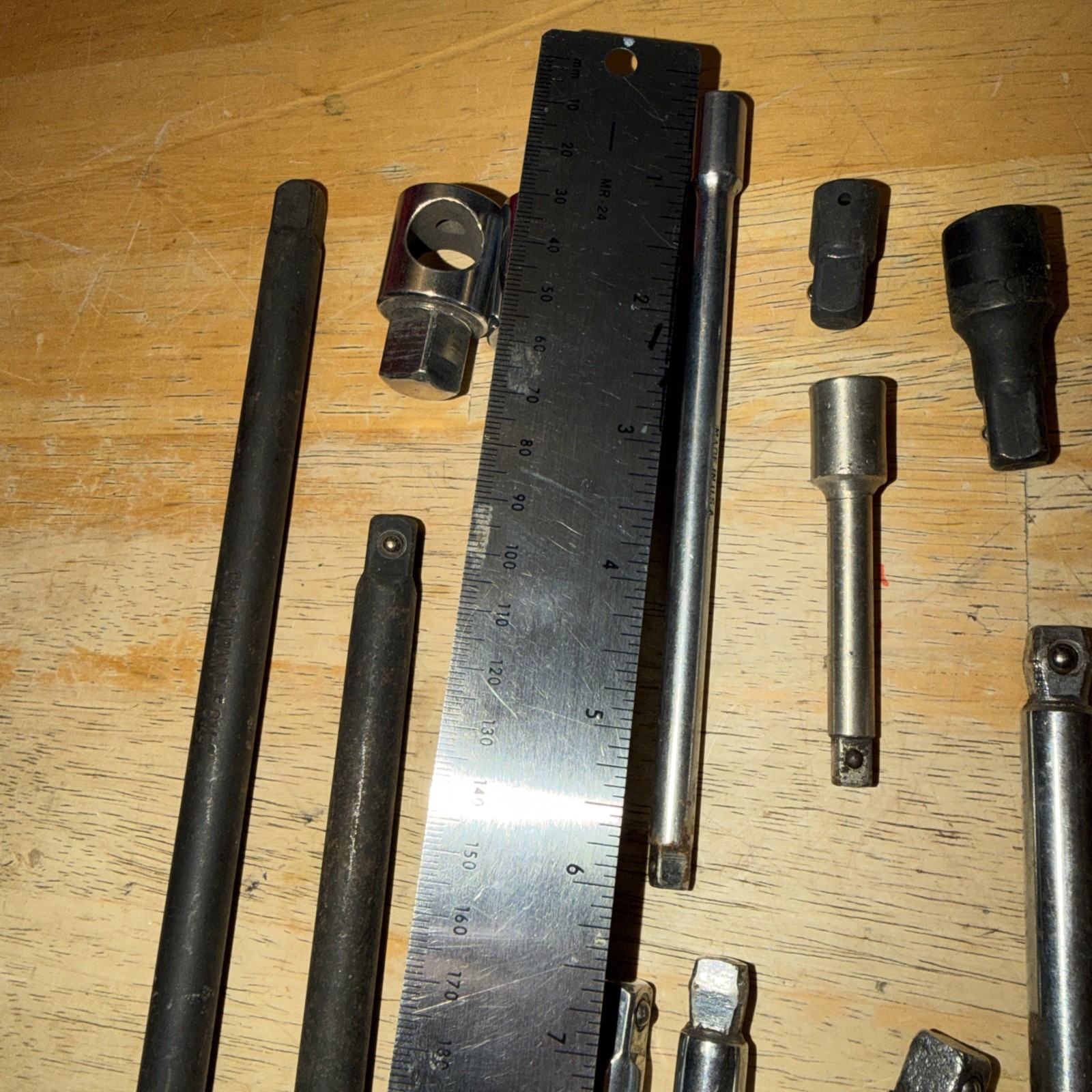 14 Pieces: Extensions, Adapters, T Bar Without T Bar…. Used, Mostly 3/8”, 1/4”