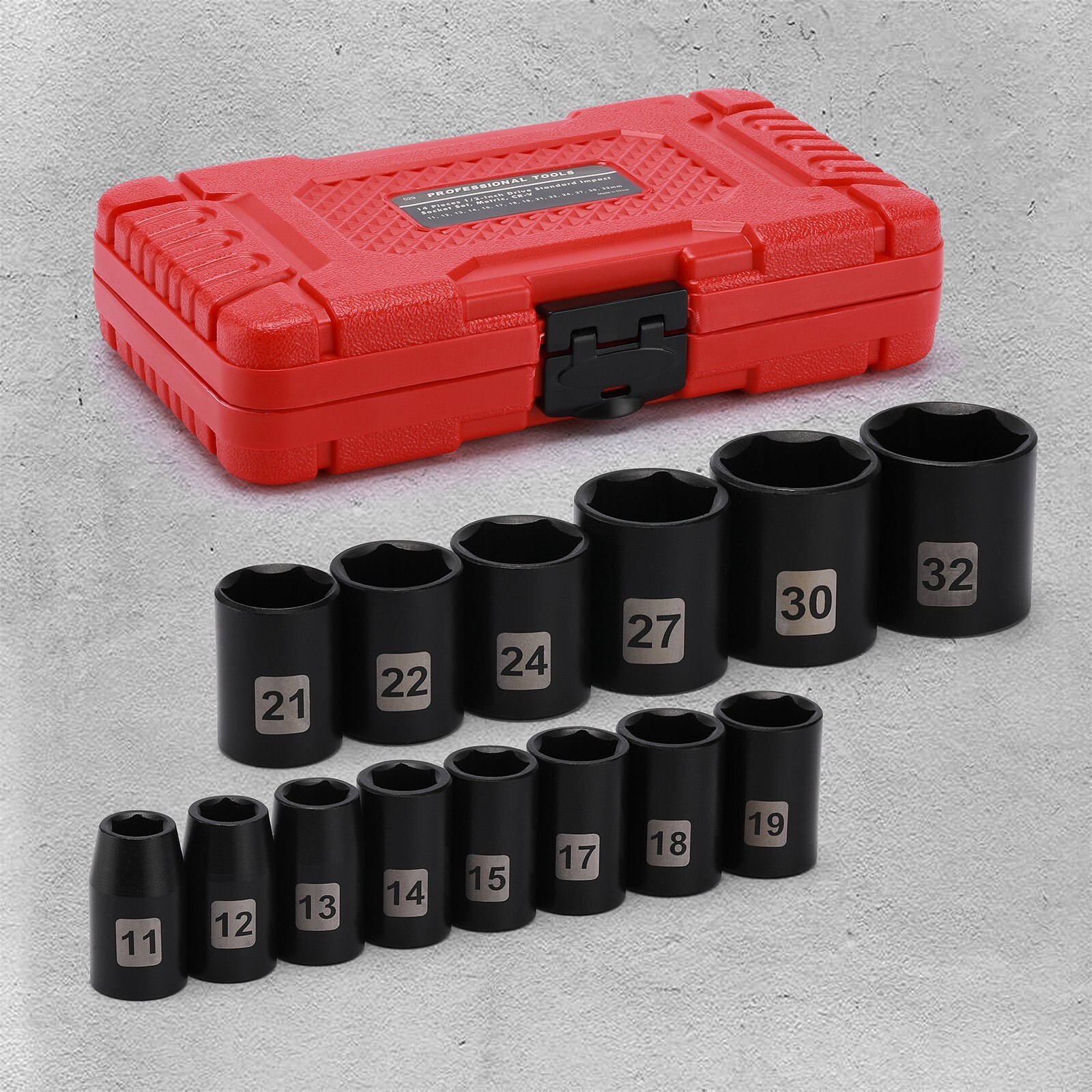 14 Pieces 1/2-Inch Drive Shallow Impact Socket Set, Metric, 6-Point, 11mm – 32mm