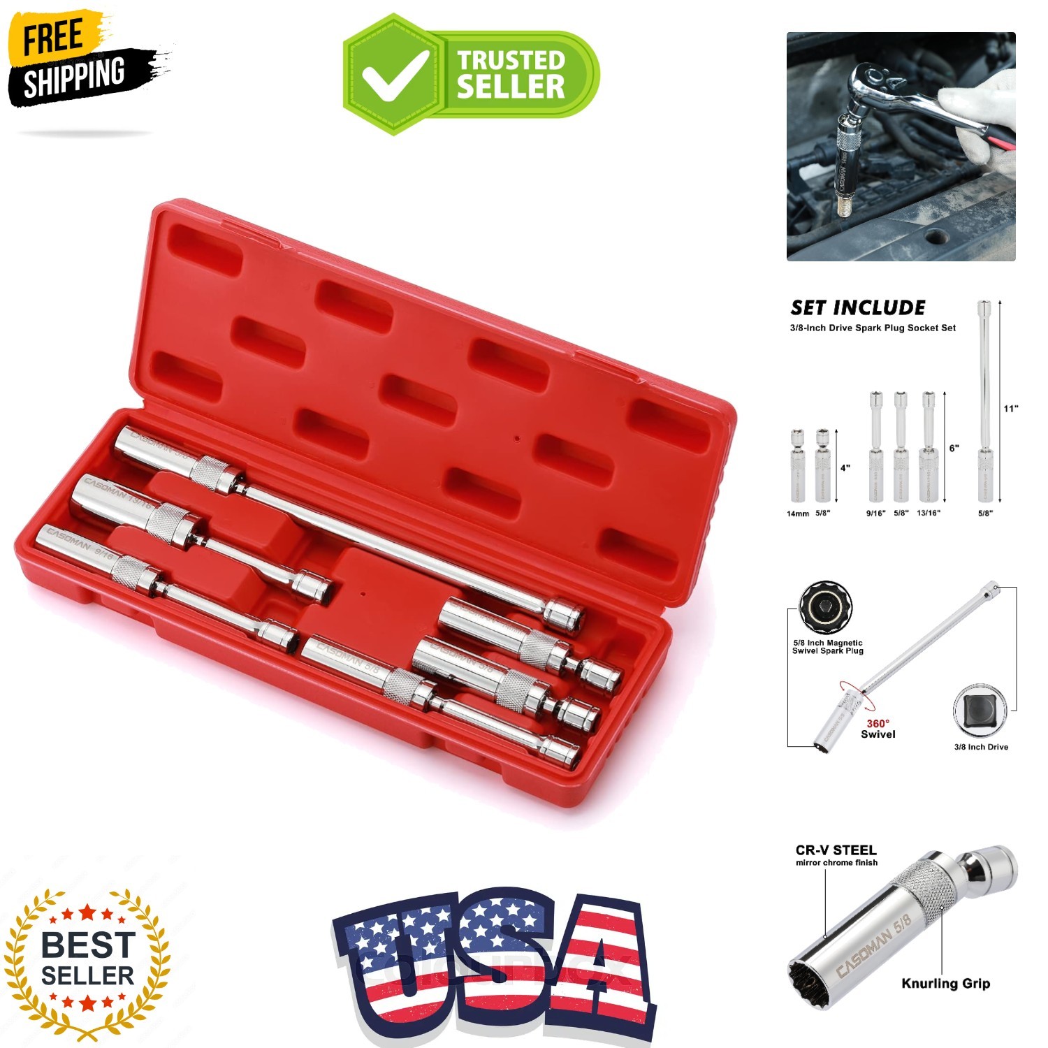6PCS 3/8-Inch Drive Magnetic Swivel Spark Plug Socket Set, Include 9/16-Inch,…