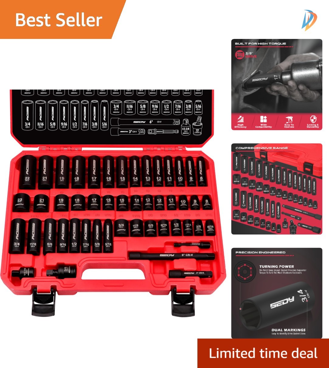 Precision 49-Piece 3/8″ Drive Socket Set with Universal Joint and Extension Bars