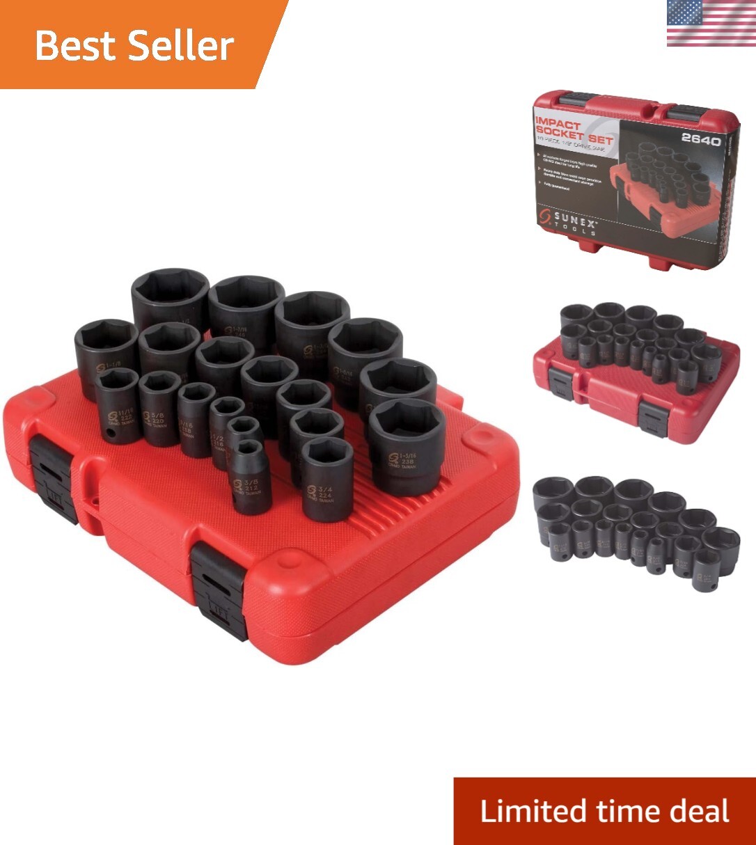 Durable 1/2″ Drive 19-Piece Impact Socket Set – Radius Corners, Heavy-Duty Case