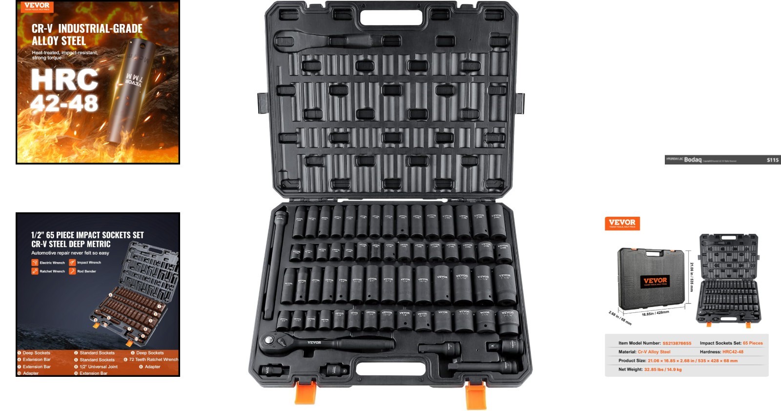 High Torque 65-Piece Impact Socket Set – SAE & Metric Cr-V Steel, Storage Case