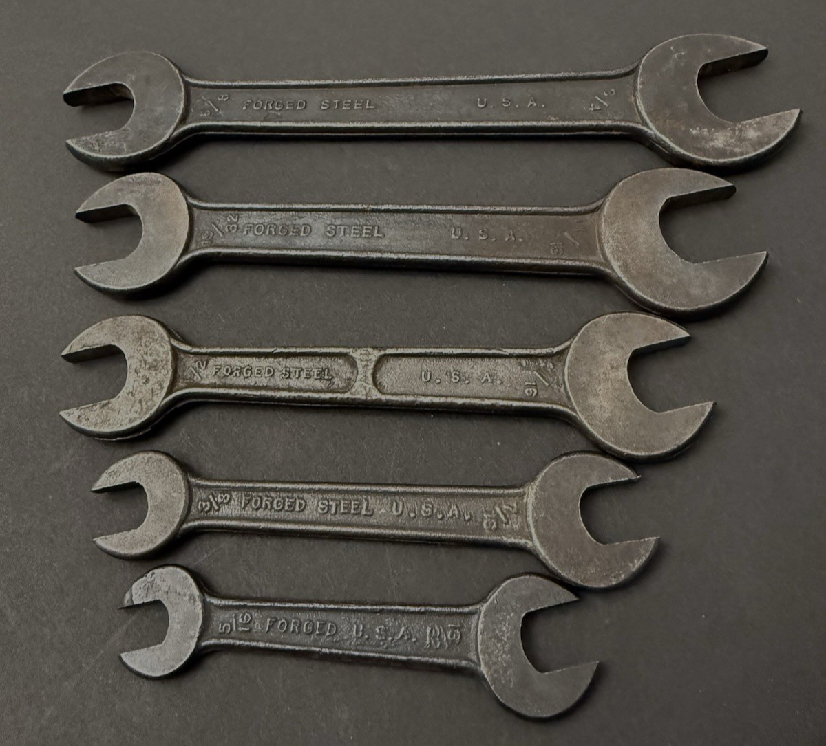 Vintage BRIDGEPORT OPEN END WRENCHES Forged Steel Set of 5 with Metal Clamp USA
