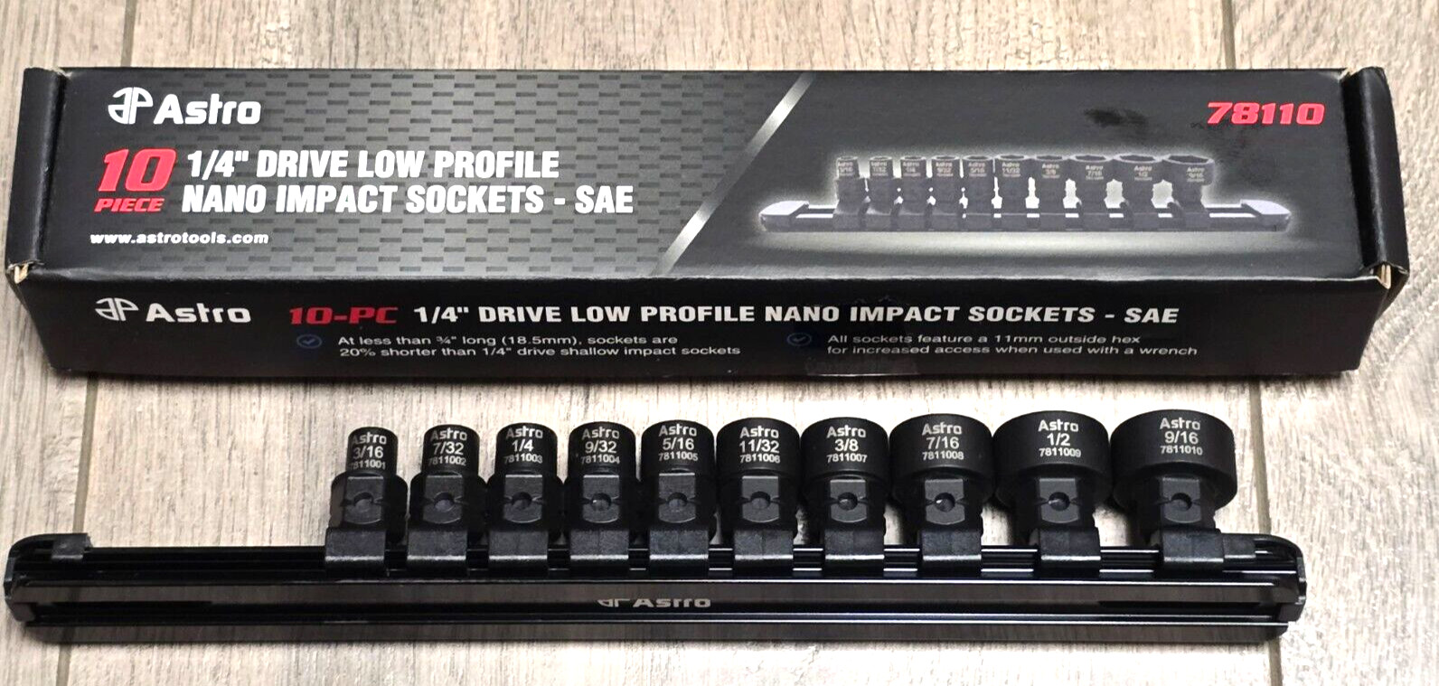 Astro 1/4″ dr 10pc SAE Low Profile Stubby Nano Impact socket Set w/Rail #78110
