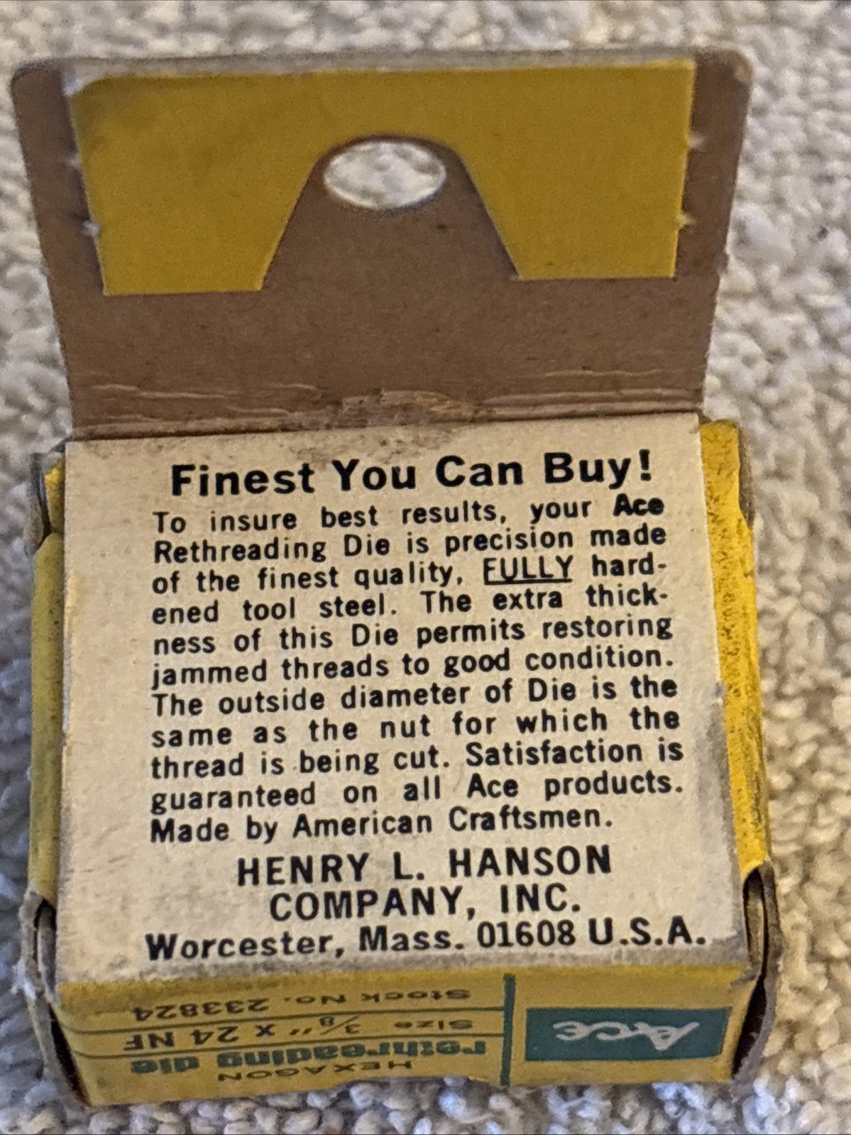 Vintage 3/8” Carbon Steel Hex Rethreading Die Ace Made In USA NOS Stock 233824