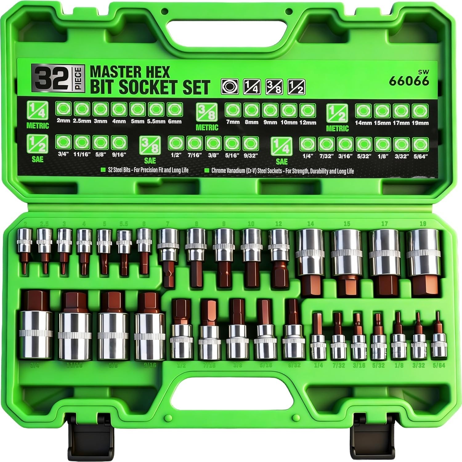 LEXIVON Master HEX Bit Socket Set, S2 Alloy Steel | Complete 32-Piece, S