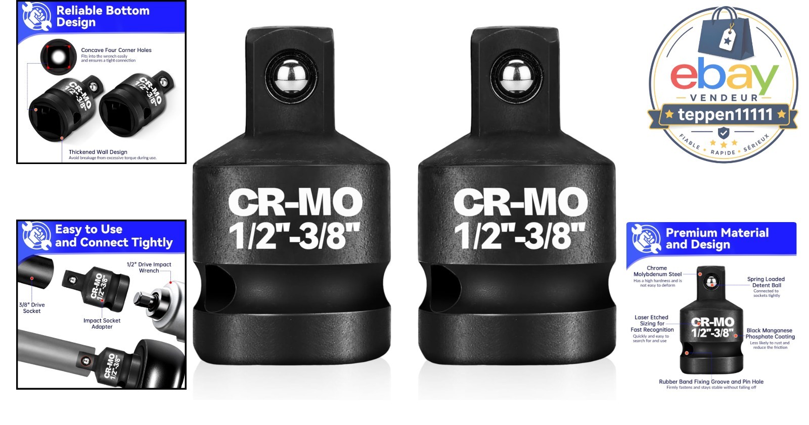 1/2″ Female to 3/8″ Male Impact Socket Adapter Reducer Set 2 Pcs