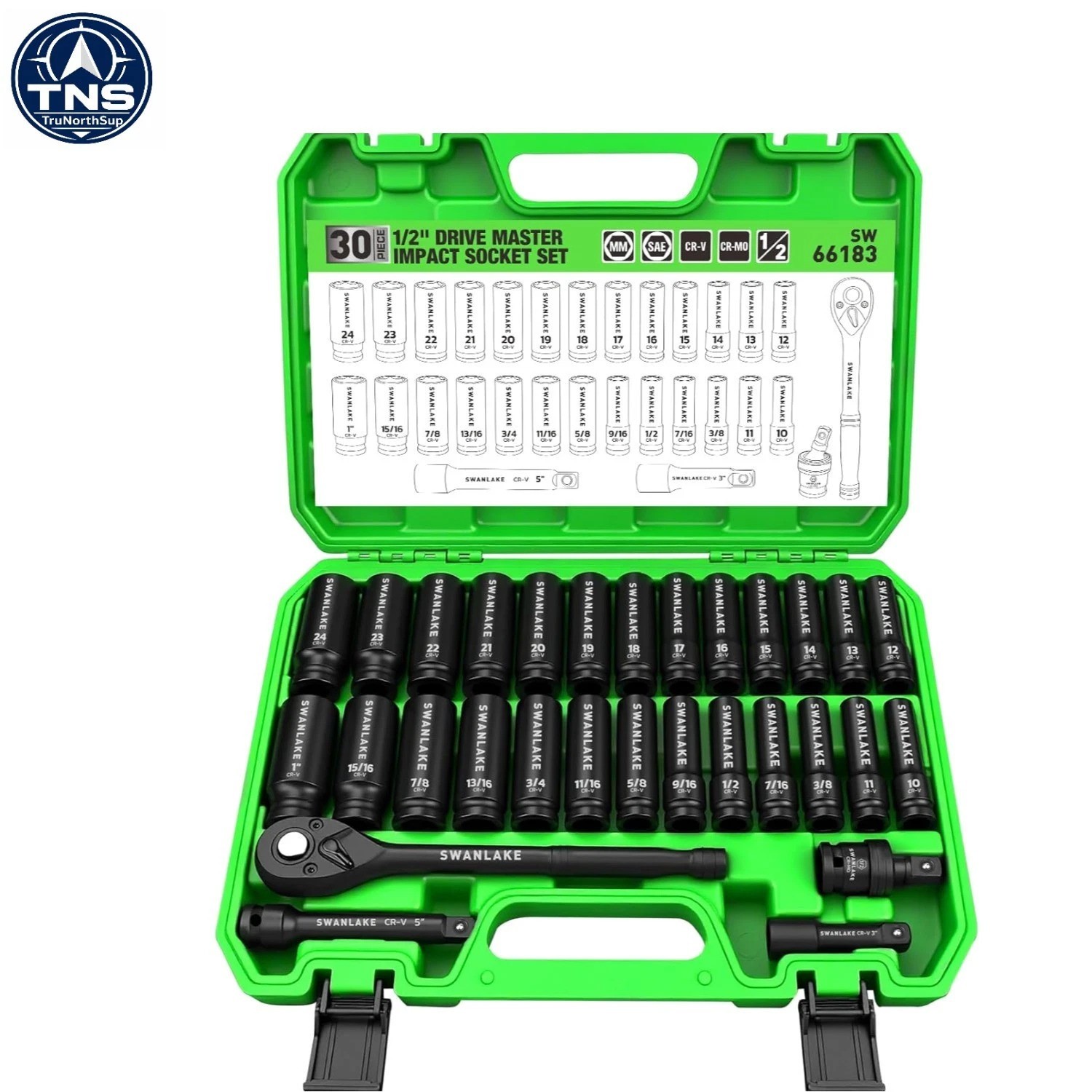 30-Piece Impact Socket Set, SAE & Metric, CR-V Steel with Ratchet & Extensions