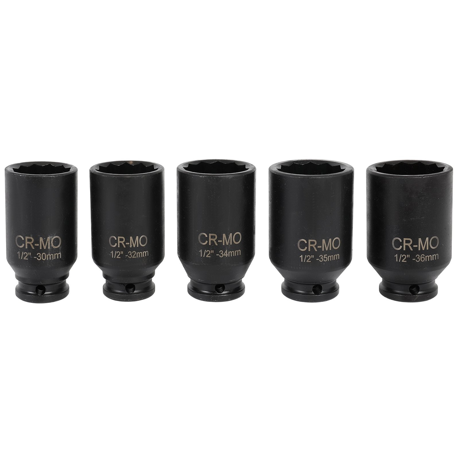 1/2» Deep Spindle Axle Nut Socket Set 12 Point 30mm 32mm 34mm 35mm 36mm 5pcs