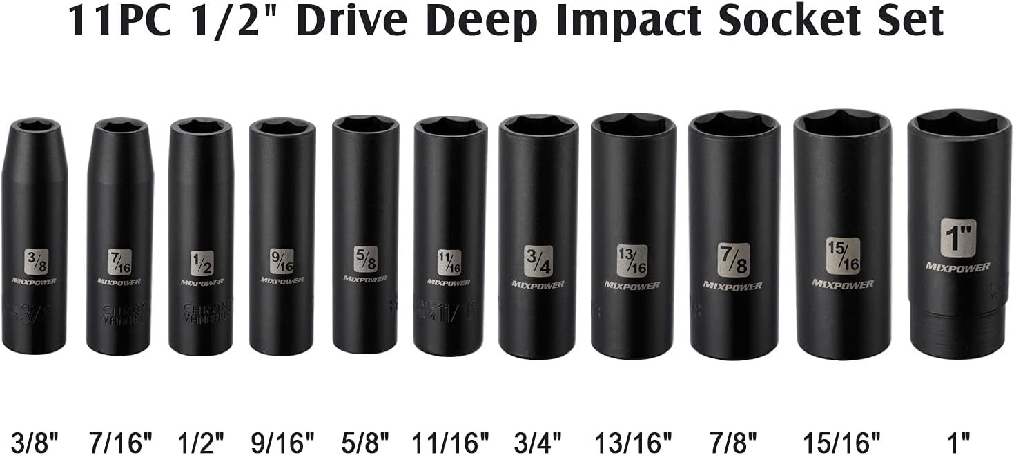 11-Piece Deep Impact Socket Set – 1/2-Inch Drive, Laser-Etched Sockets
