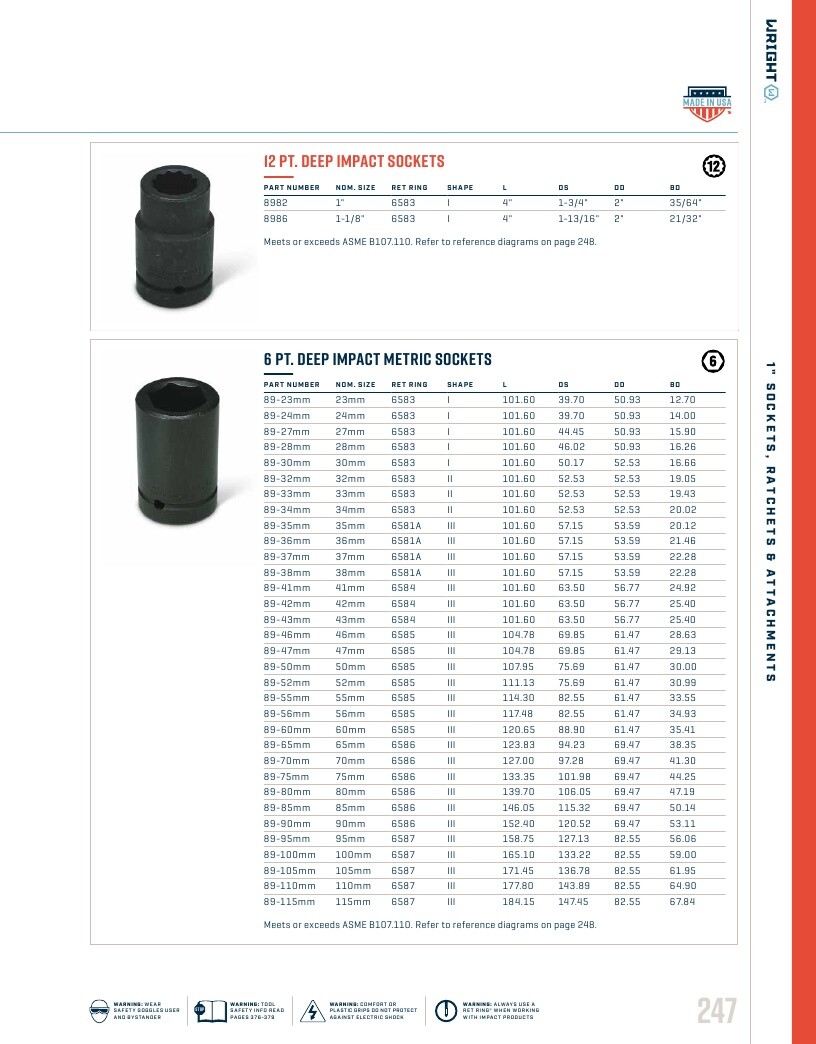 Wright Tool 1″ Drive Deep Impact Socket 6-Point, SAE and Metric
