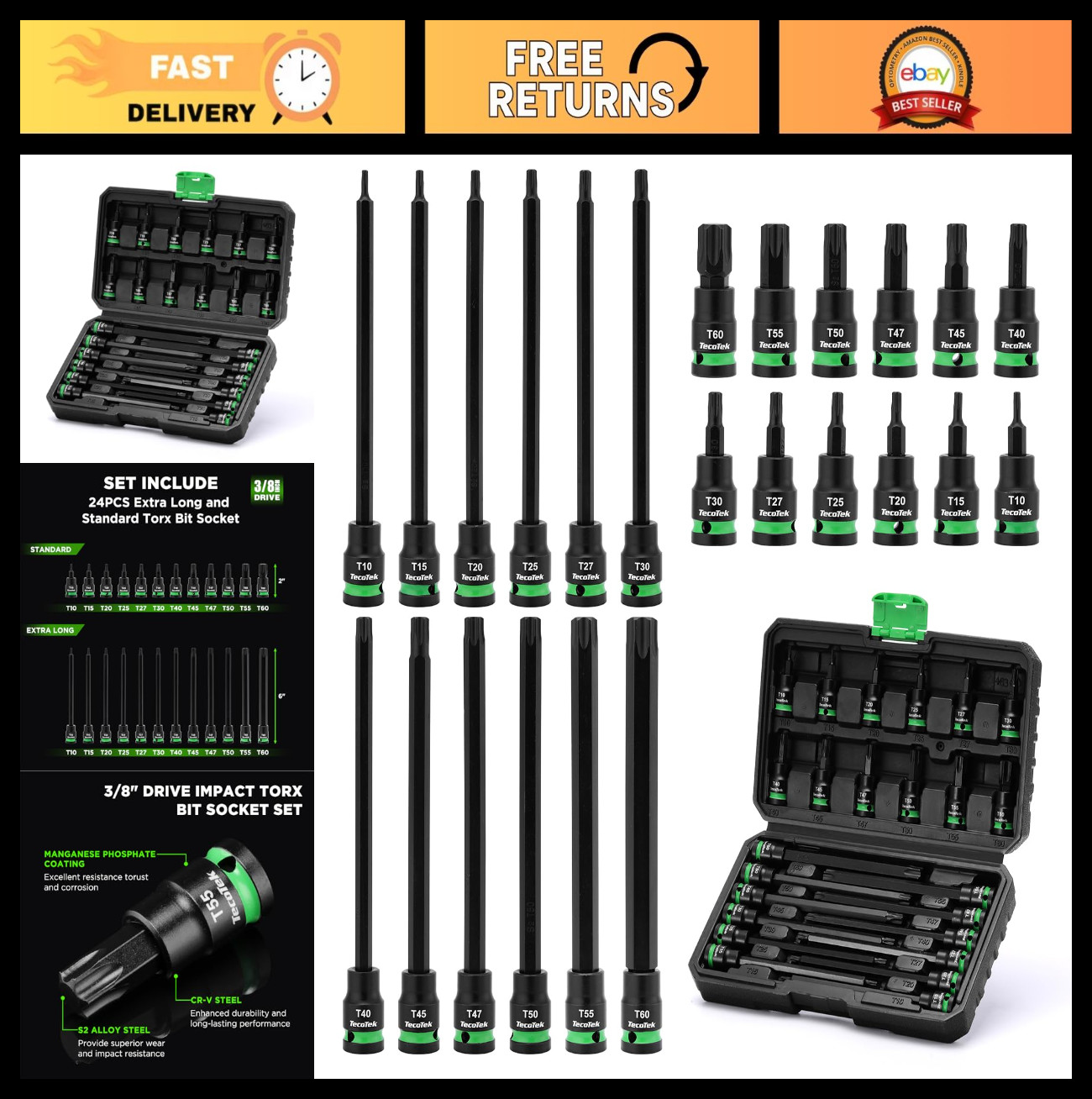 Extra Long 24PCS Torx Bit Socket Set, 3/8″ Drive S2 Alloy Steel, T10-T60, CR-V,