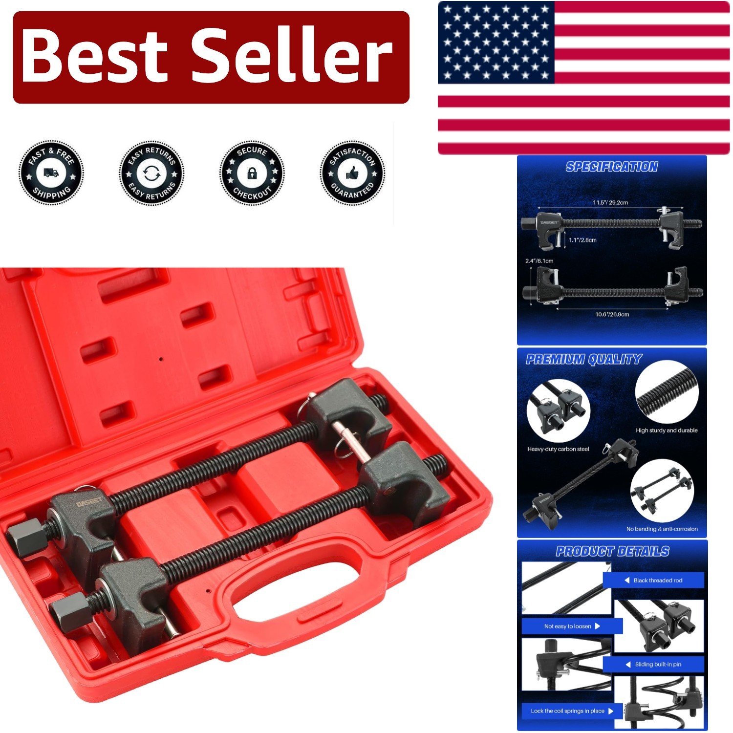 10.5in Range Coil Spring Compressor with Heat-Treated Materials and Storage Box