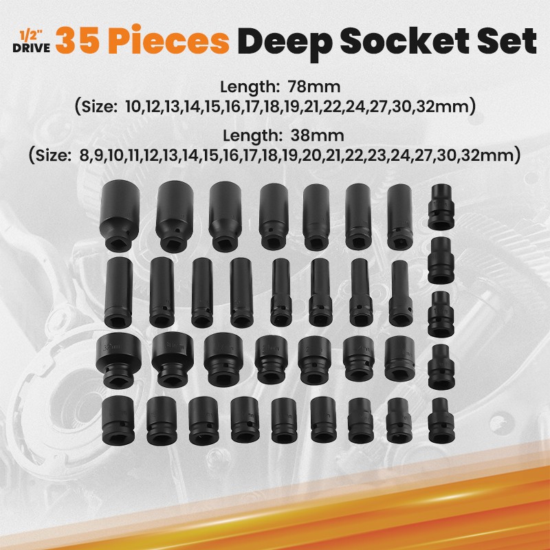35* 1/2″ Deep Impact Socket Set Drive 8mm-32mm Metric Garage Sae With Case Tool