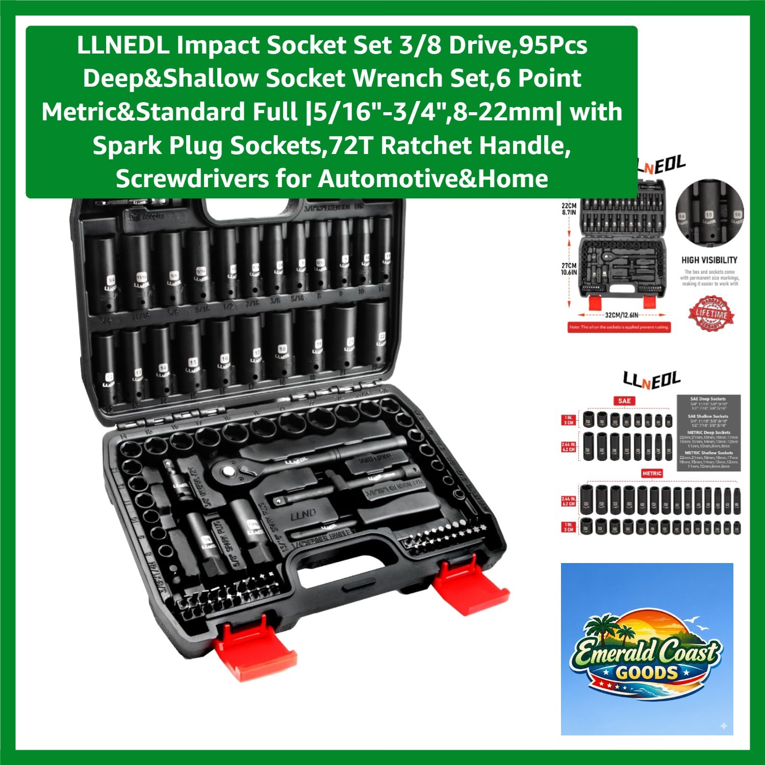 Professional 3/8 Drive Socket Set – 95PC Deep & Shallow with Spark Plug Sockets