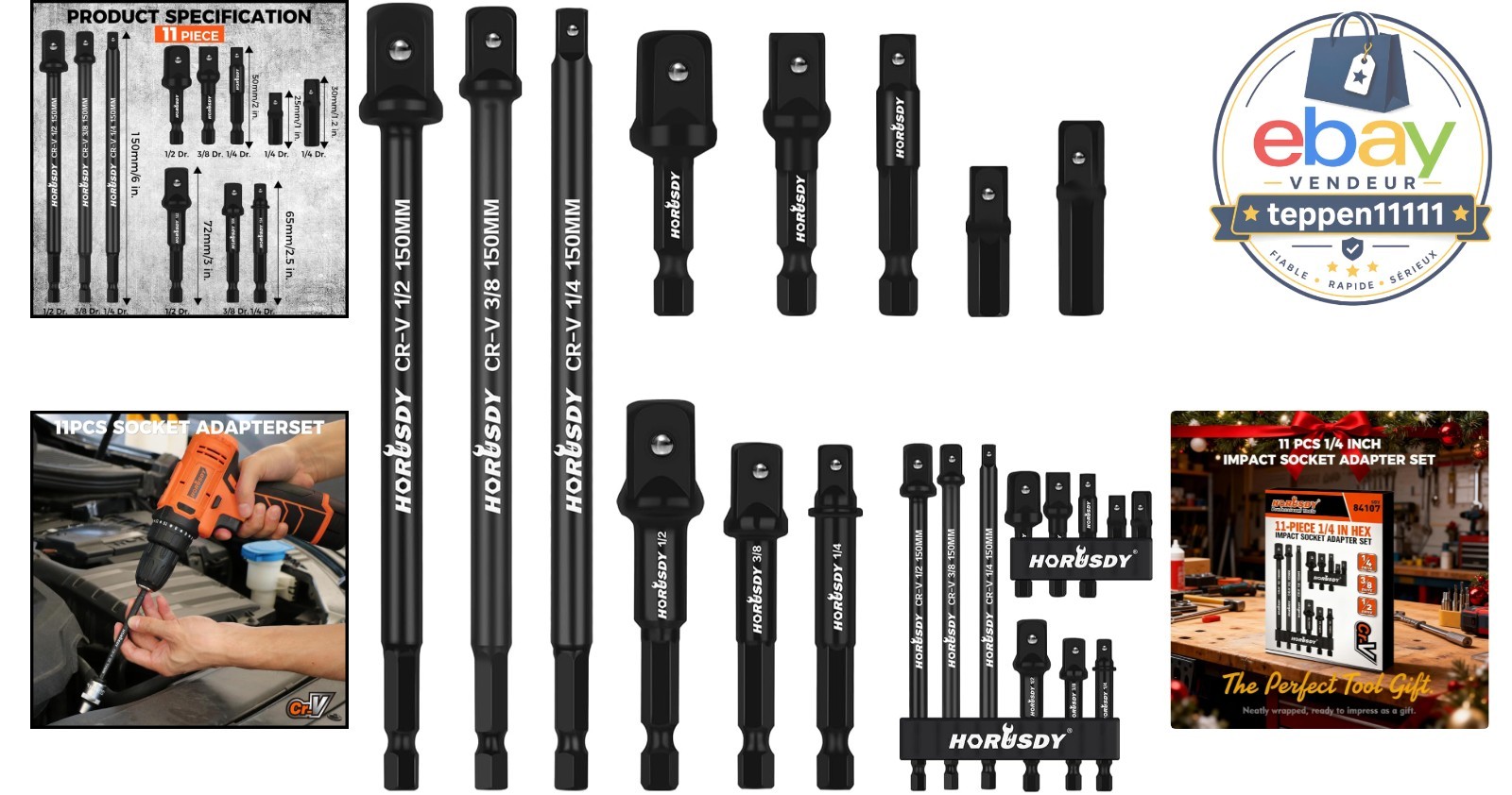 Impact Socket Adapter Set 11-Piece 1/4 Inch Hex Shank Cr-V Steel