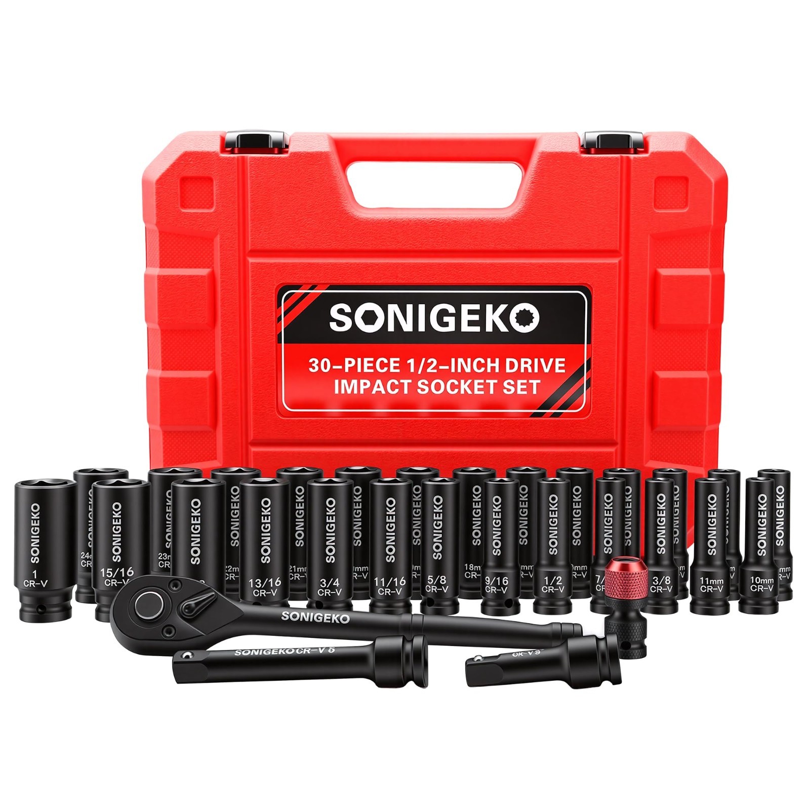 30-Piece 1/2″ Drive Impact Socket Set – Deep SAE & Metric CR-V Steel, Extensions