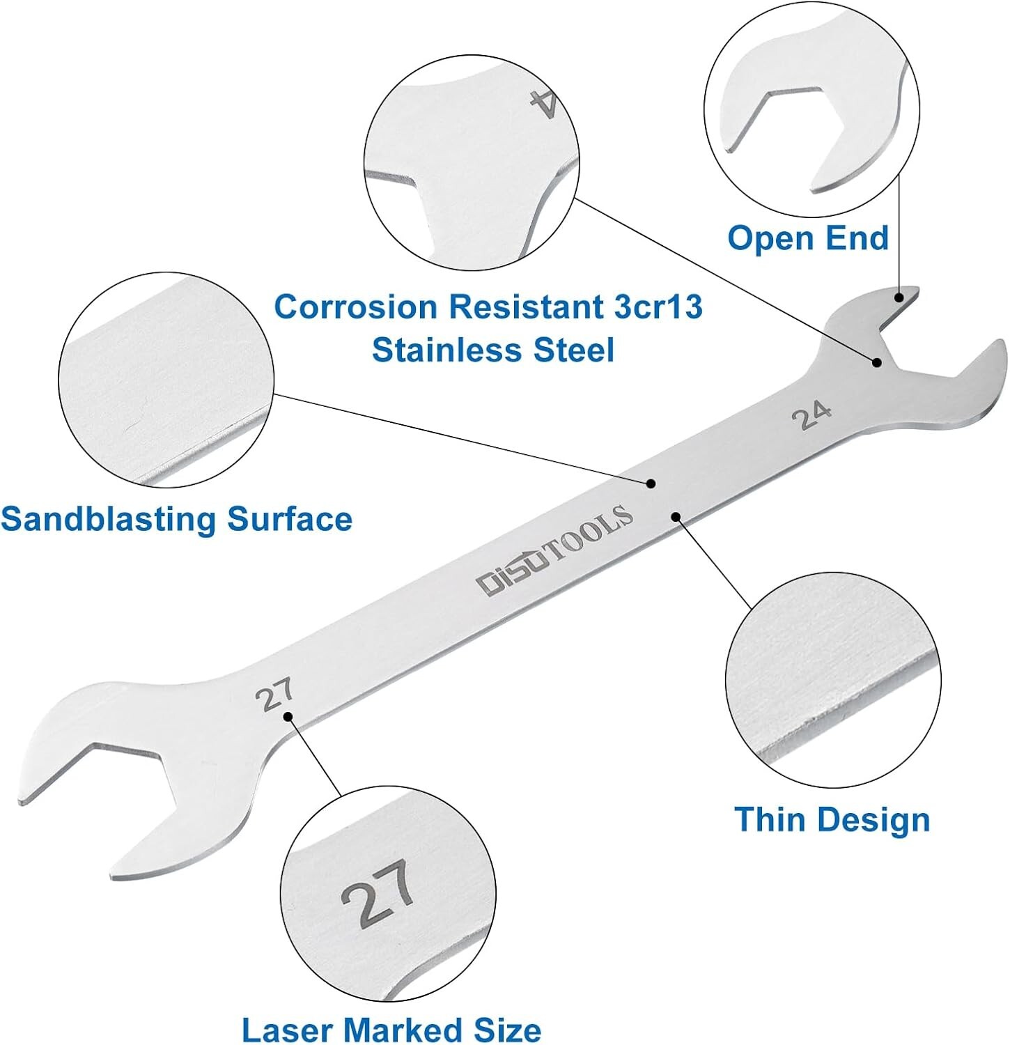 Thin Open End Wrench 24mm x27mm Metric Sandblasting Plated 3cr13 Stainless Steel
