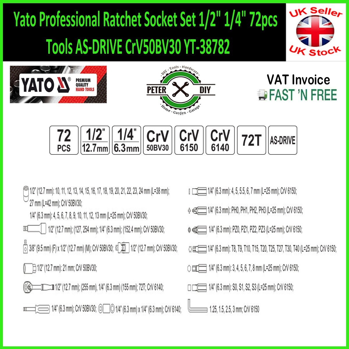 Yato Professional Ratchet Socket Set 1/2″ 1/4″ 72pcs Tools AS-DRIVE CrV50BV30