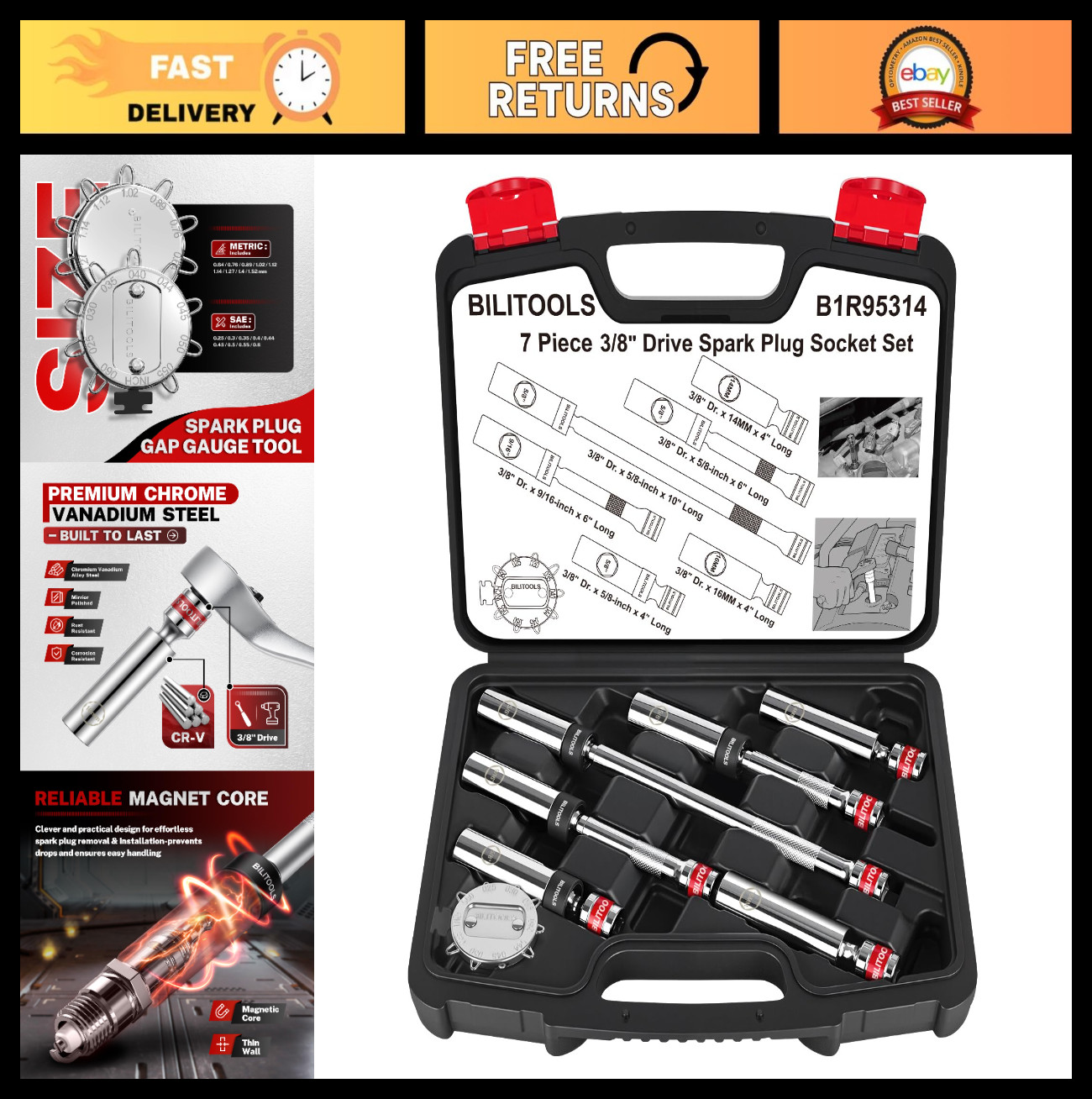 7pcs Magnetic Swivel Spark Plug Socket Set & Gap Tool, 3/8″ Drive, CR-V Steel, R