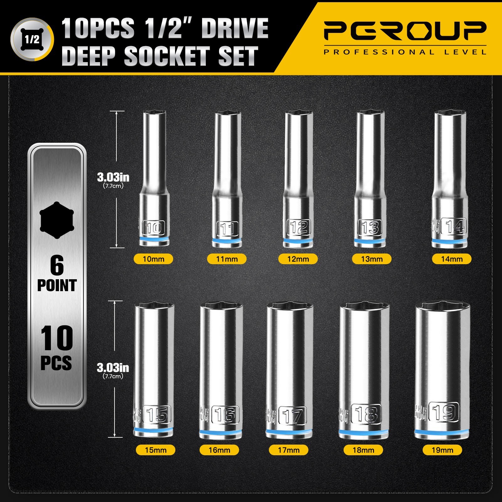 10PCS 1/2” Drive Deep Metric (10mm-19mm) Socket Set, 6-Point, Cr-V Steel