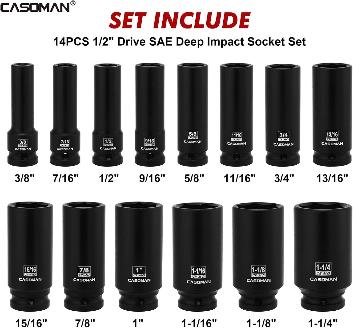 14PCS 1/2″ Drive Deep Impact Socket Set SAE, 6-Point, CR-MO, 3/8″ to 1-1/4″