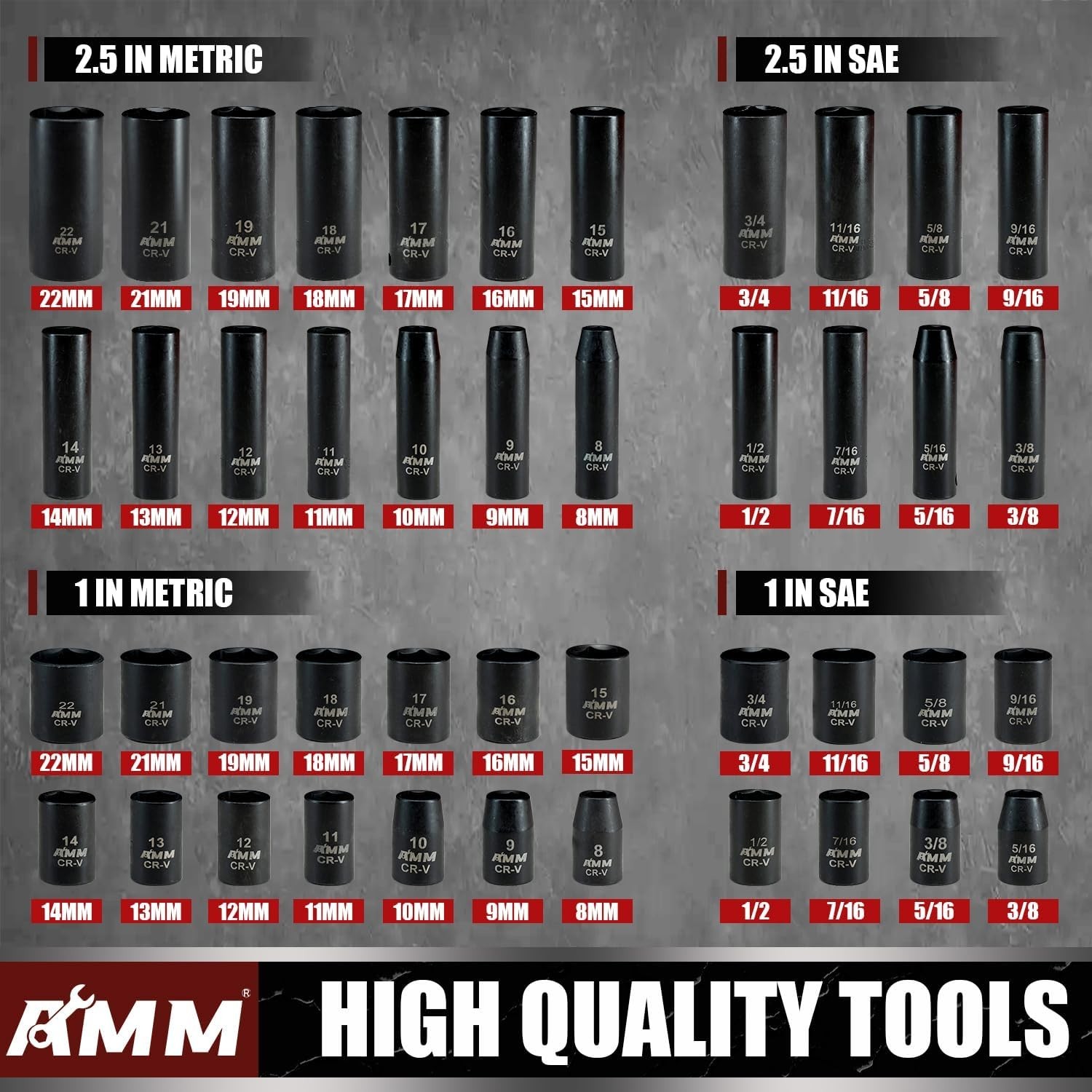 3/8″ Drive Impact Socket Set 48-Piece Standard SAE Metric 8-22mm