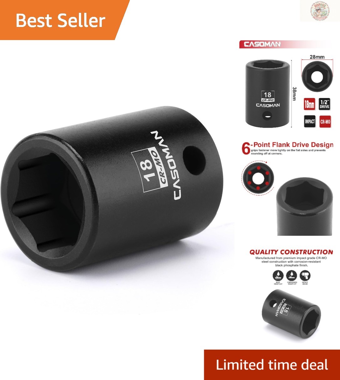 Chrome Molybdenum 1/2″ Drive 18mm Impact Socket with Laser-Etched Markings