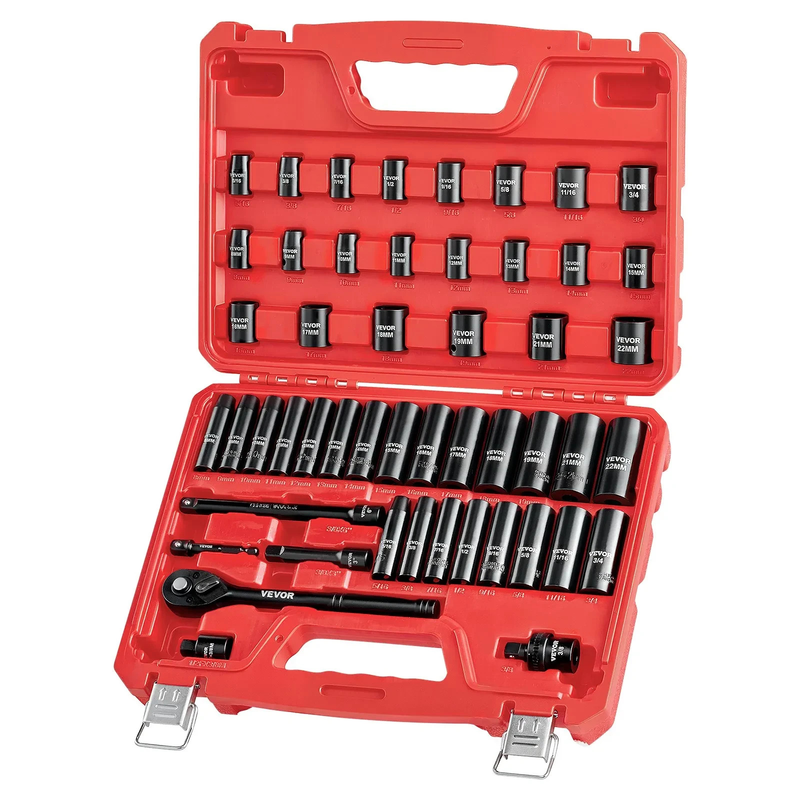 VEVOR 50-Piece 3/8″ Drive Impact Socket Set, SAE & Metric Deep and Shallow