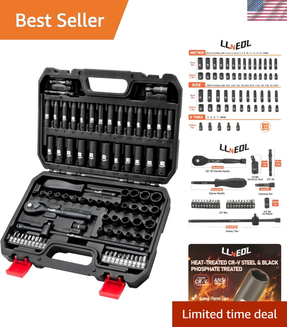 83-Pc Chrome Vanadium 1/4 Inch Drive Socket Set – Metrics, SAE & E Torx Included