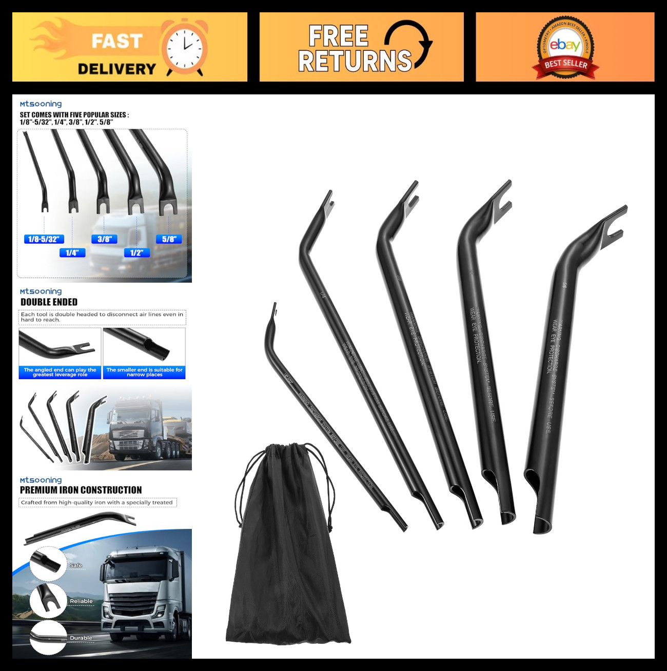 Heavy Duty Fuel Line Disconnect Tool Set – 5 Pcs Double Ended Air Line Tools for