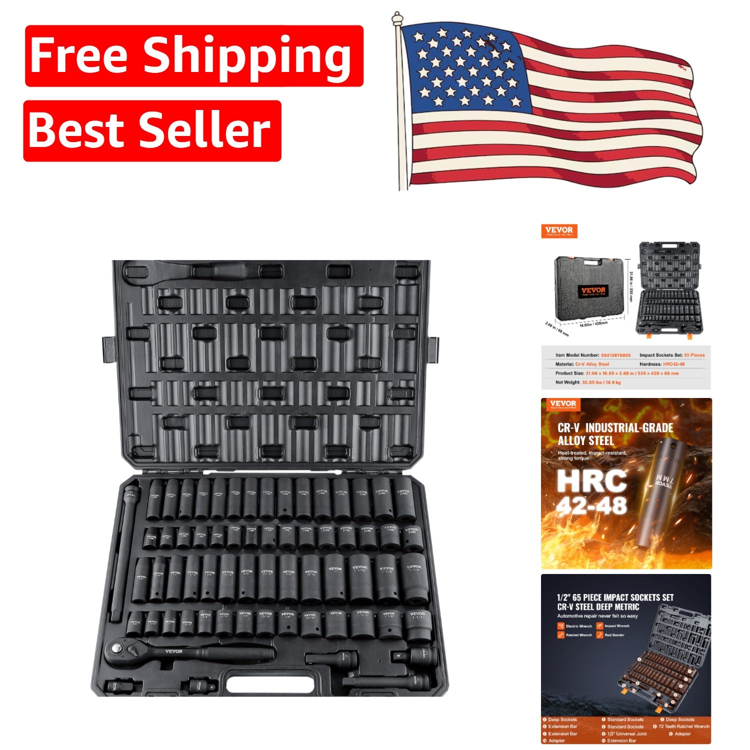 Comprehensive 65-Piece Impact Socket Set in Cr-V Steel – Durable & Portable