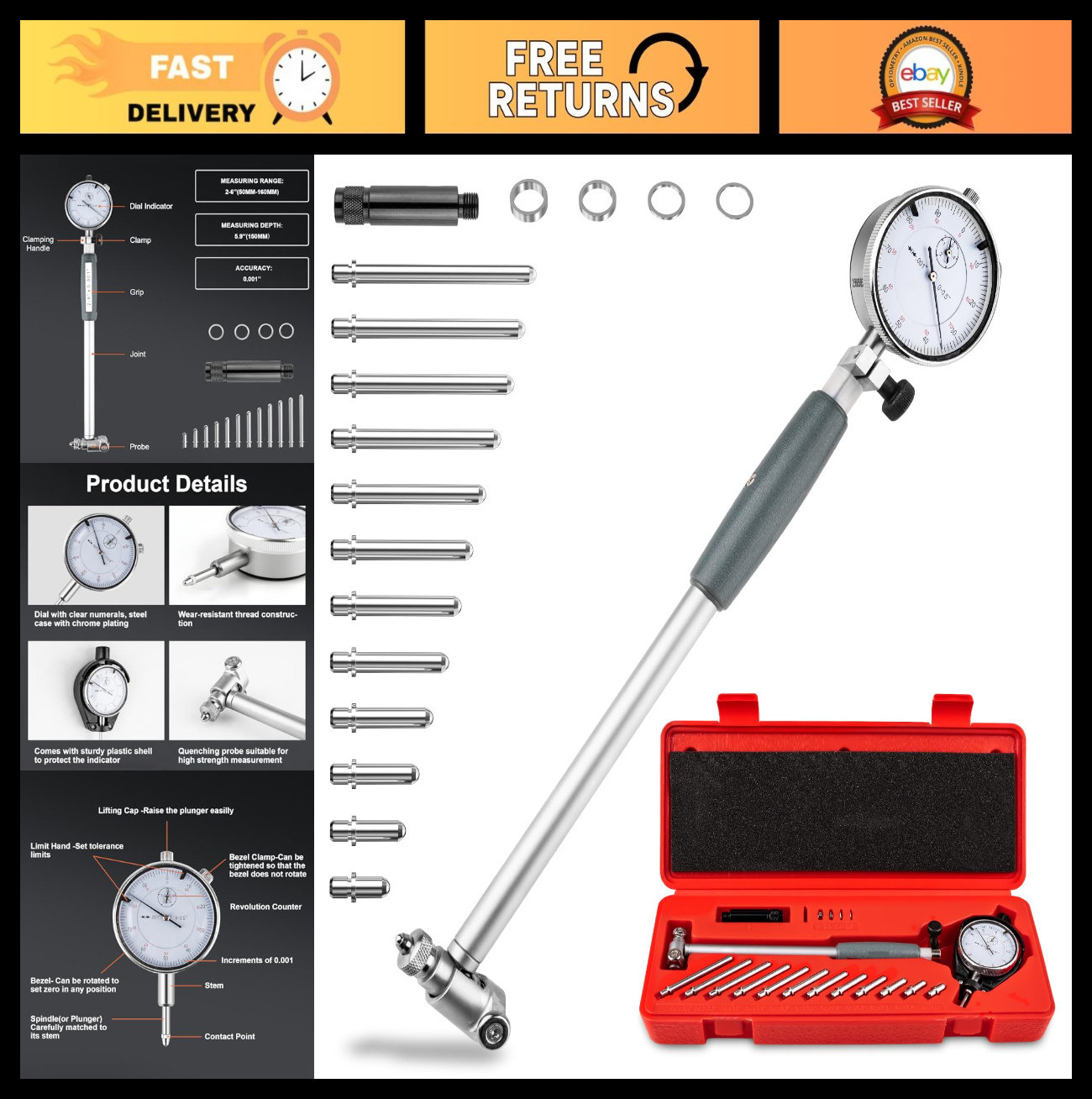 Bore Gauge Set 2″-6″ Range, 0.001″ Accuracy for Engine Cylinder & Wear Measureme