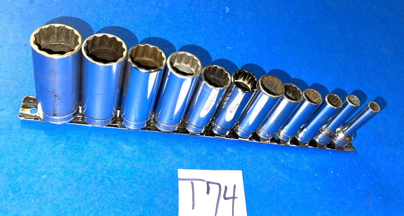 SNAP-ON TOOLS 12 PIECE 3/8 DRIVE SAE. DEEP CHROME 12 POINT SOCKET SET 211SFY