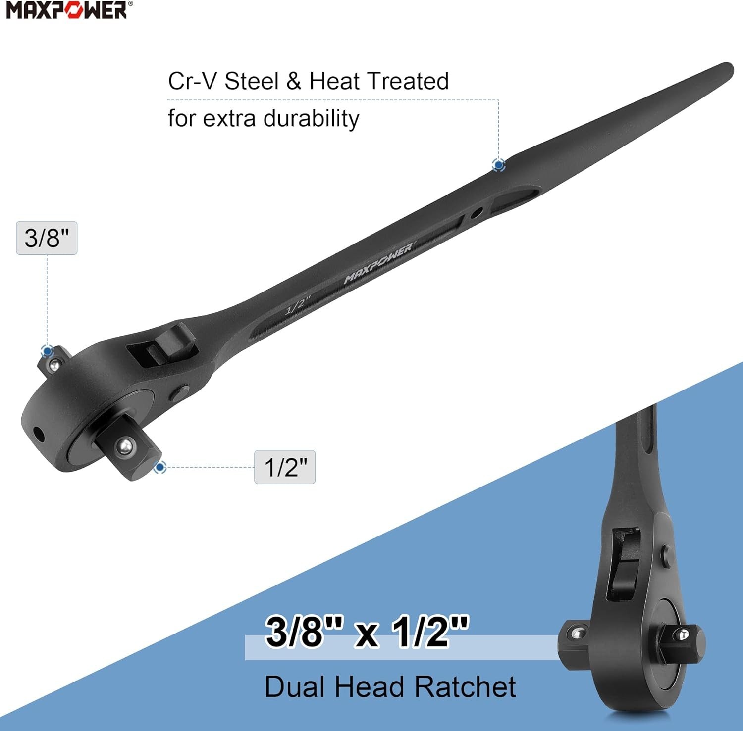 2PCS Dual Drive Head Ratchet Wrench, 1/2″ x 3/4″ Spud Ratchet 16 inch
