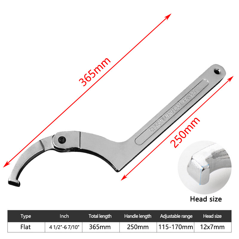 Adjustable Hook Wrench 115-170mm C Flat Spanner Tool Slotted Retaining Universal