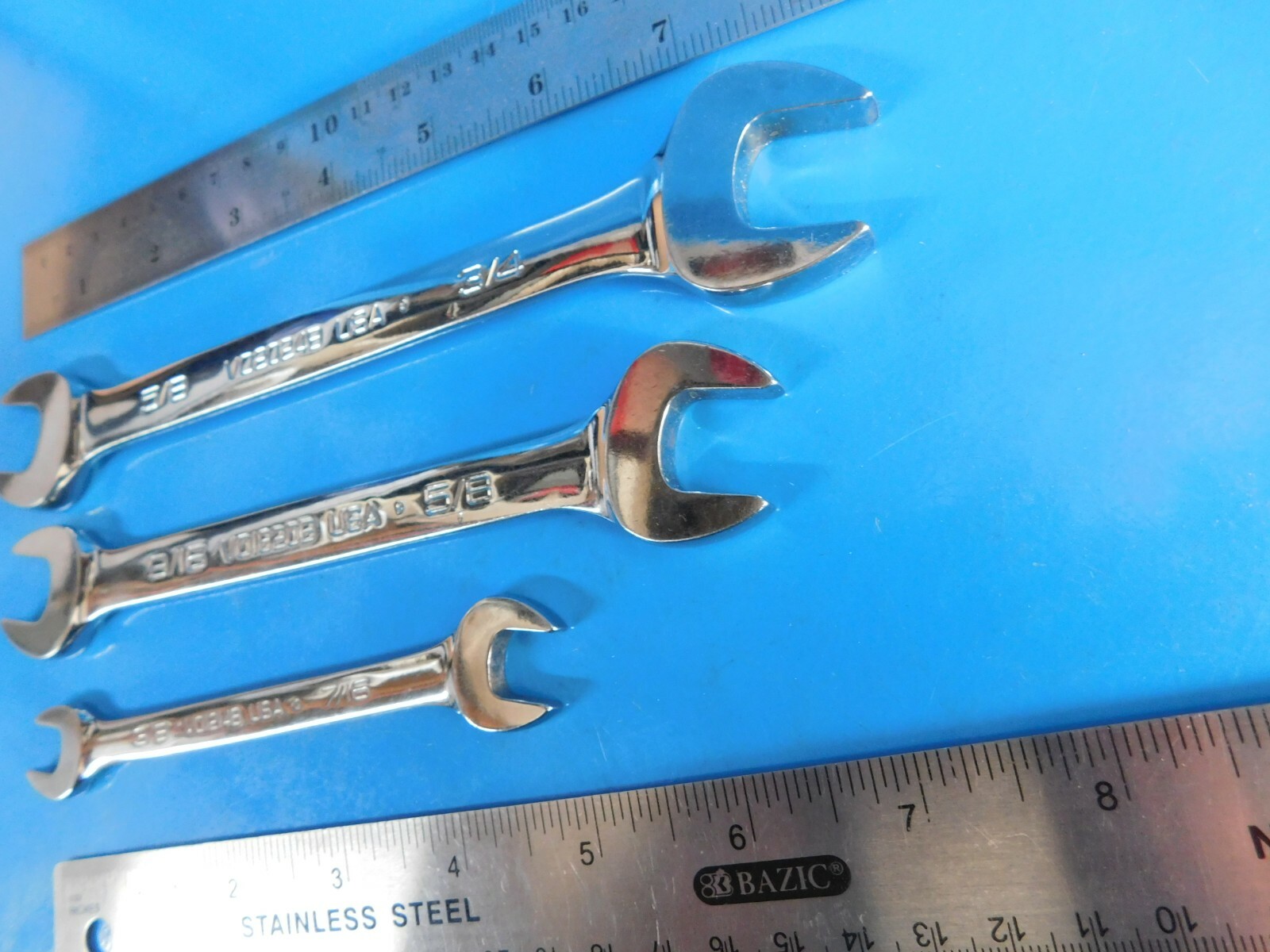 USED, SNAP ON TOOLS OPEN END WRENCH’S LOT OF (3) 3/8X7/16, 9/16X5/8, 5/8X3/4 IN
