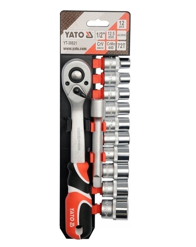 Drive Socket Set Metric 10–24mm CrV Steel Ratchet AS-DRI Yato YT-38821 12pc 1/2