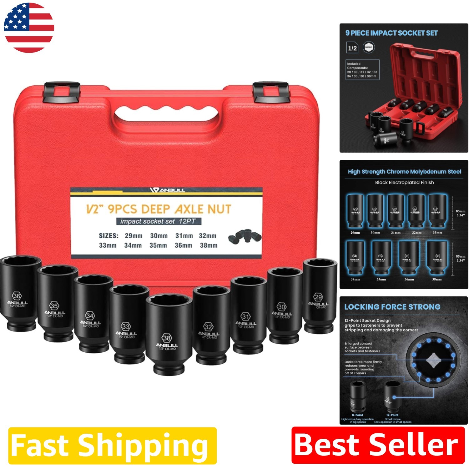 Heavy Duty 1/2″ Deep Impact Socket Set 9PC CR-MO 12-Point Anti-Corrosion