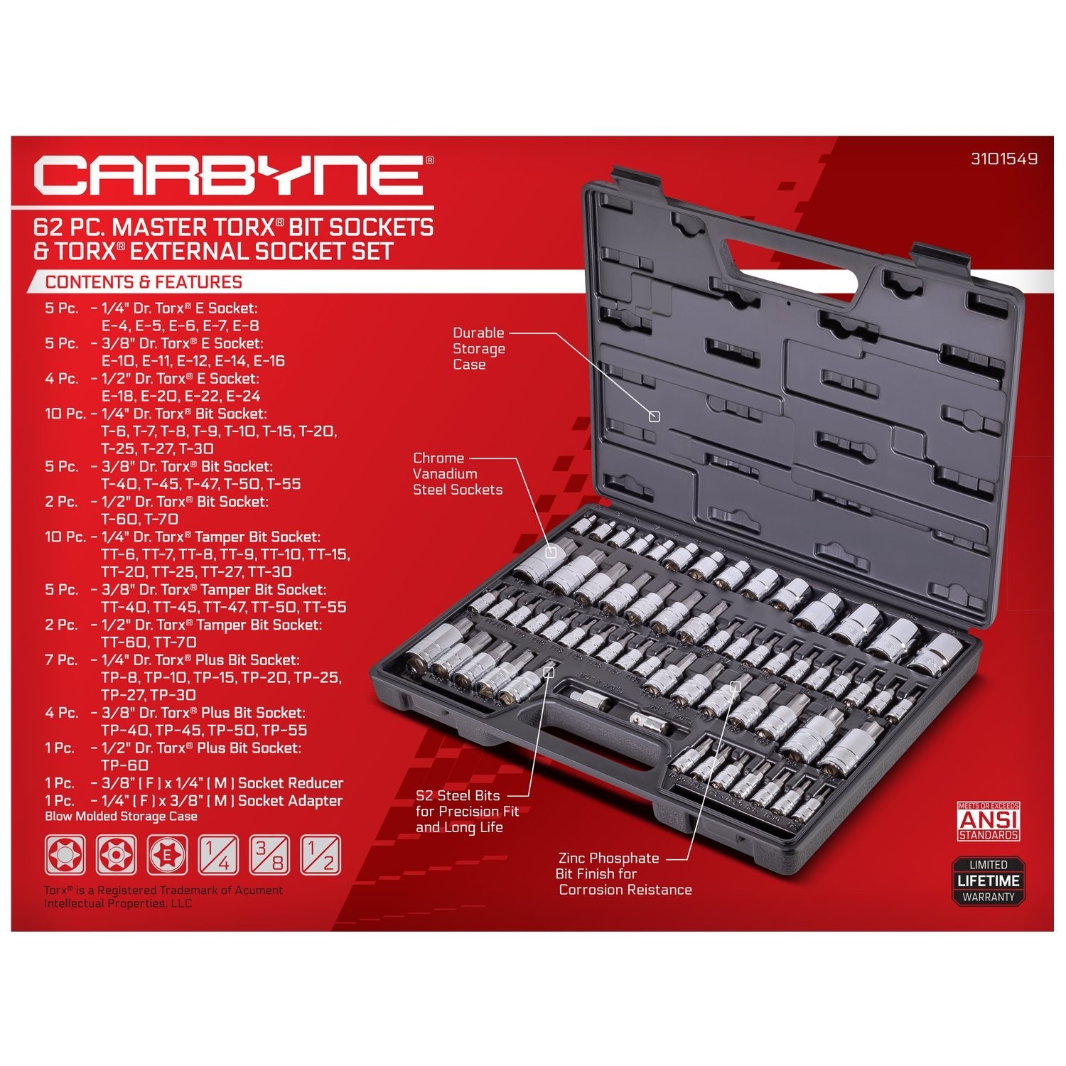62-Piece Torx Bit Socket Set – S2 Steel, Tamper Resistant, T6-T70, E4-E24, 1/4-1