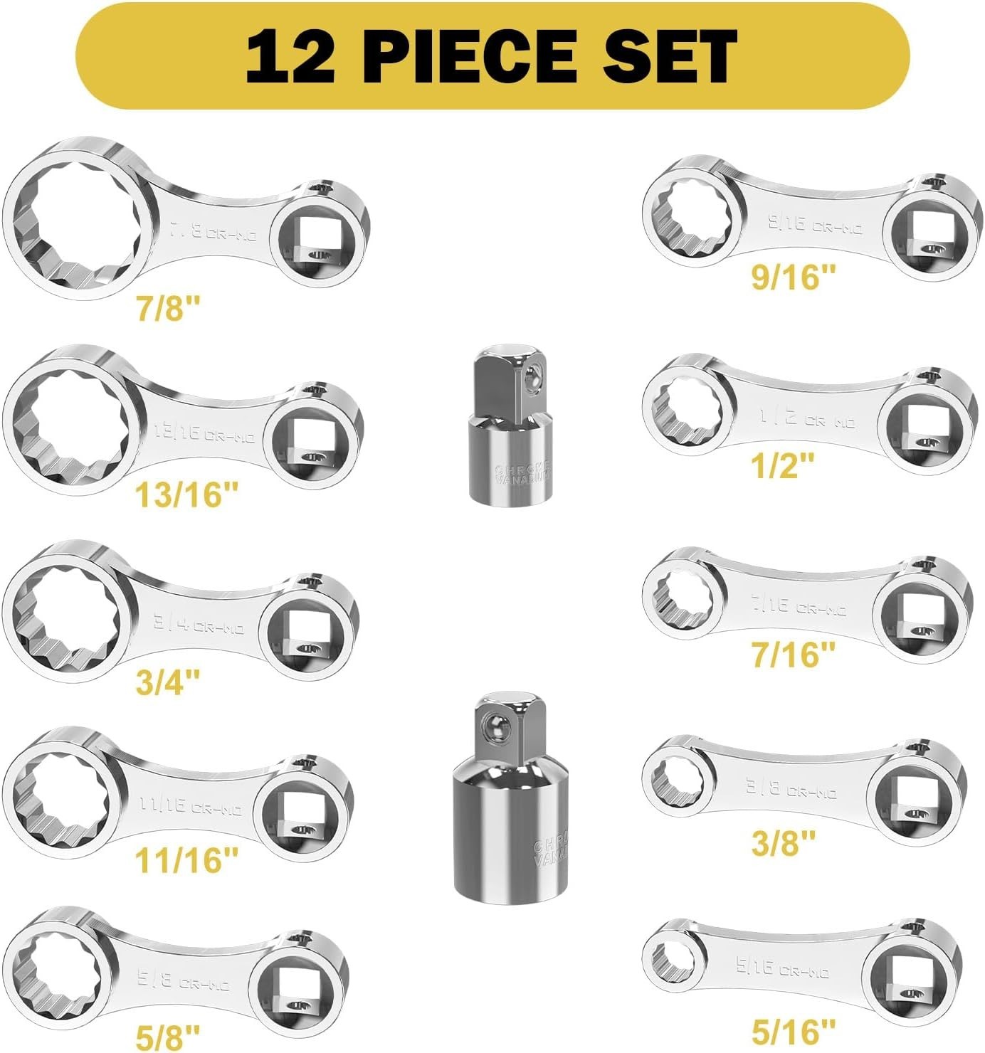 12-Pc SAE Torque Adapter Set 3/8″ Drive 5/16″-7/8″ & 1/4″ Extension