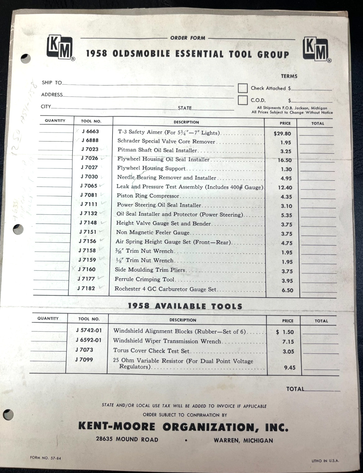 1958 Oldsmobile Kent-Moore Specialty Automotive Tool Kit