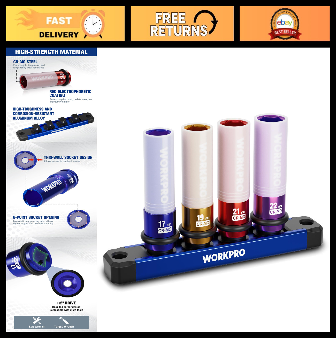 1/2″ Drive Lug Nut Impact Socket Set – 4PC Deep Thin Wall, 17-19-21-22mm, Cr-Mo