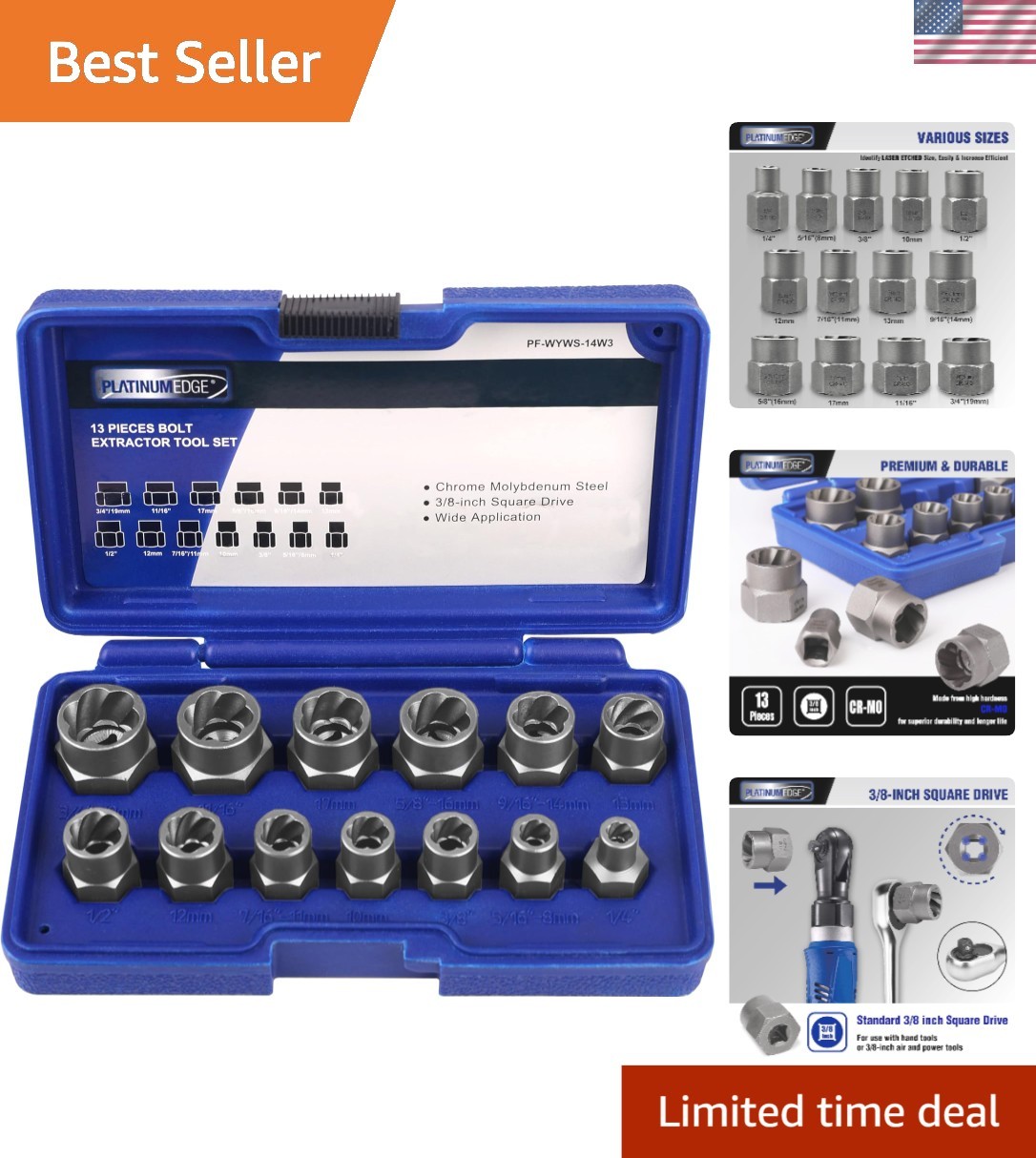 Compact Storage 13-Piece Bolt Extractor Set for Rounded-Off & Rusted Fasteners